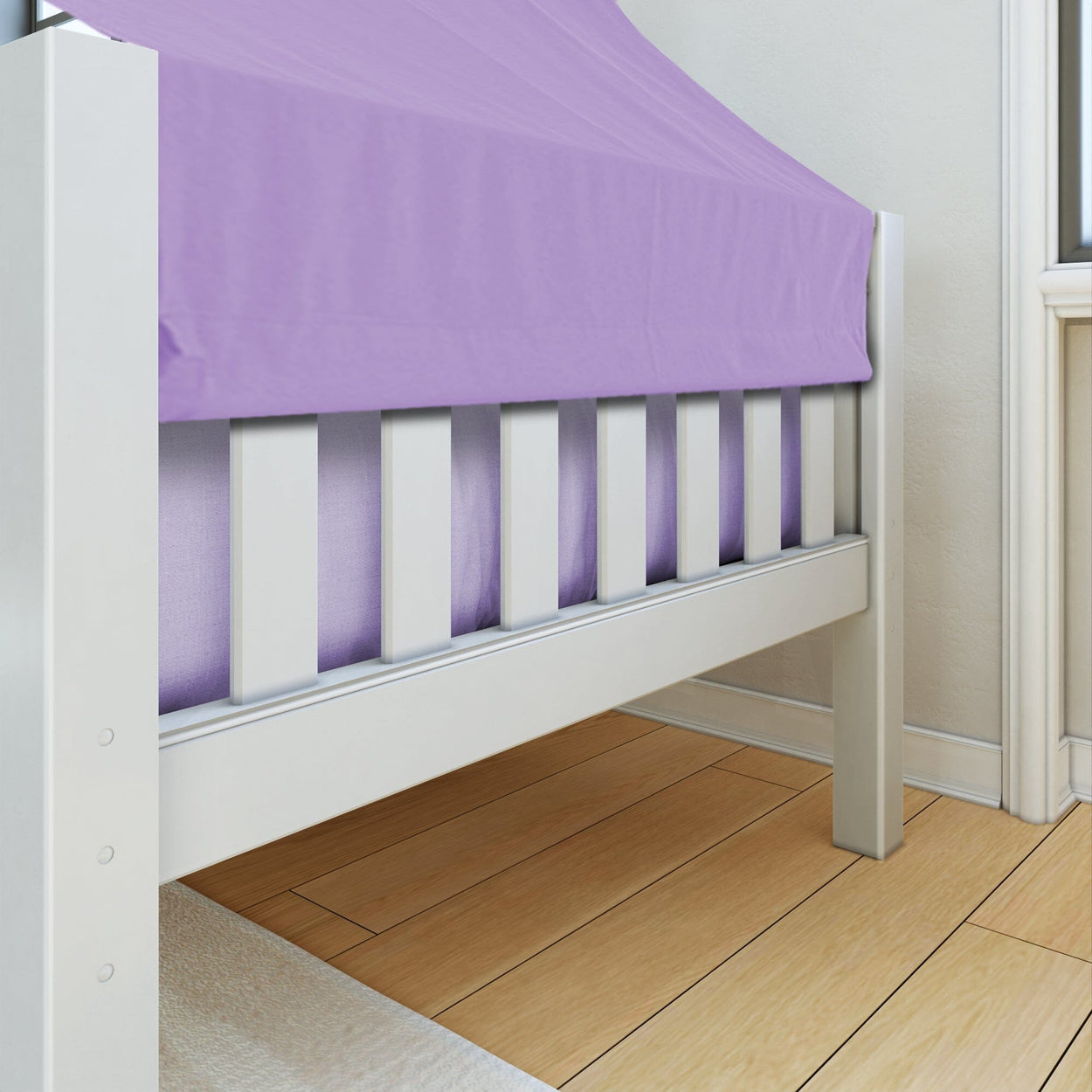 White wooden bed frame with purple canopy in a cozy bedroom setting.