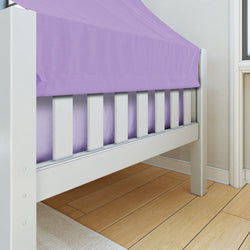 White wooden bed frame with purple canopy in a cozy bedroom setting.