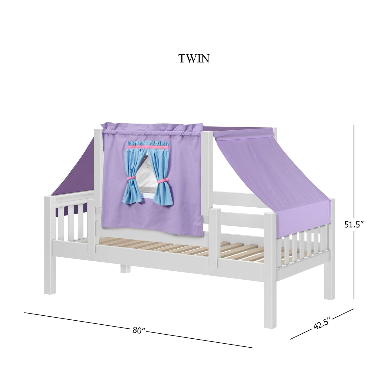 Twin size white wooden kids bed with purple canopy and window curtains.