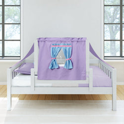 White children's bed with purple and blue tent canopy in a bright room.