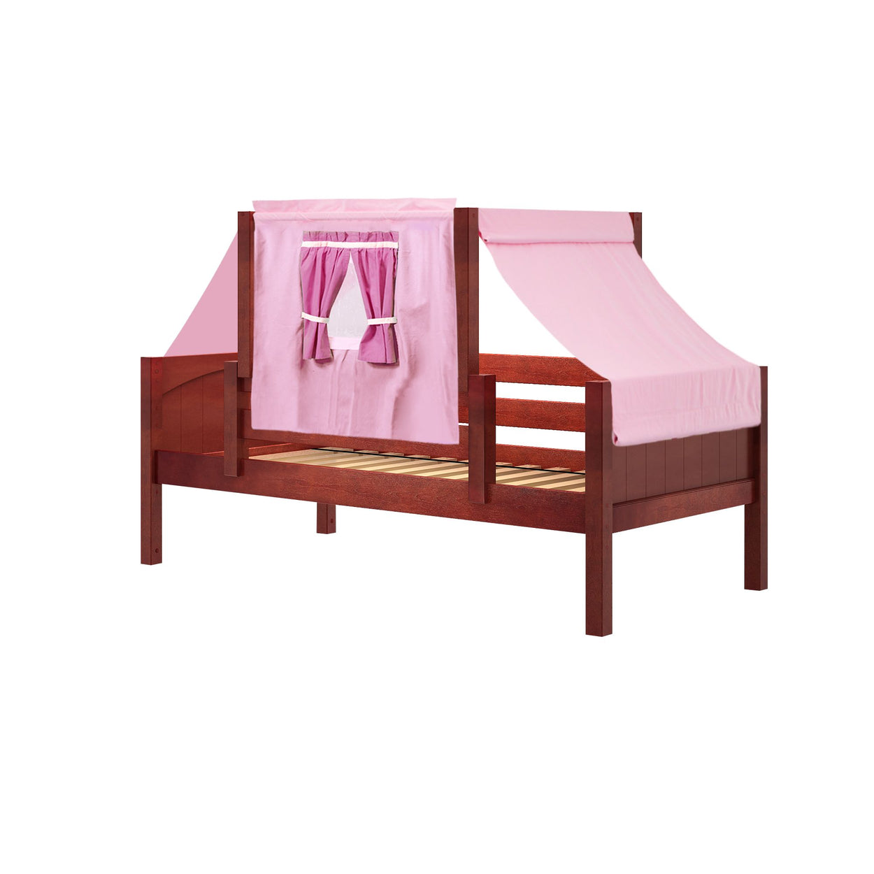 Pink canopy wooden kids bed with window curtain design.