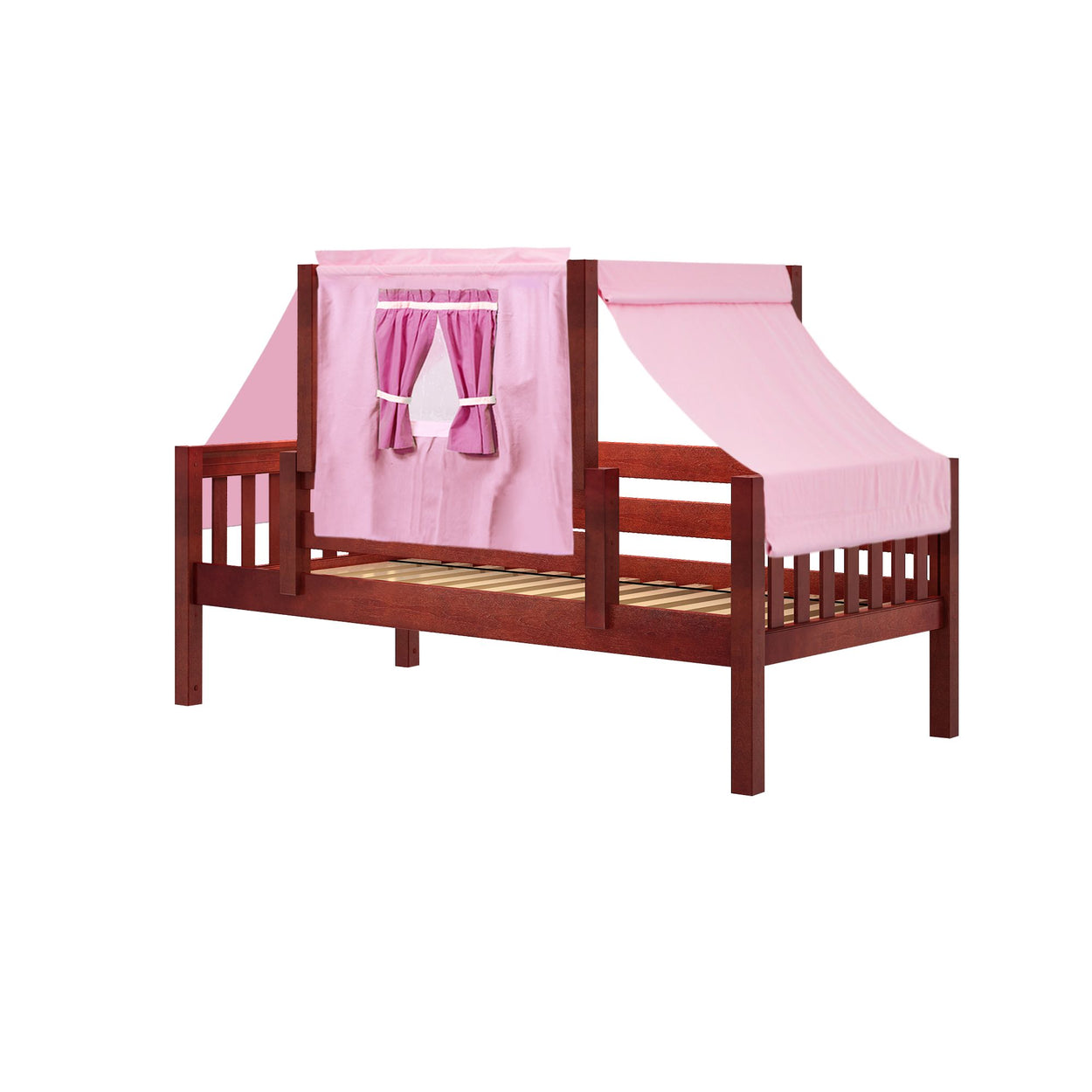Wooden children's loft bed with pink fabric tent and curtains.