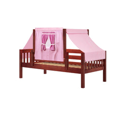 Wooden children's loft bed with pink fabric tent and curtains.