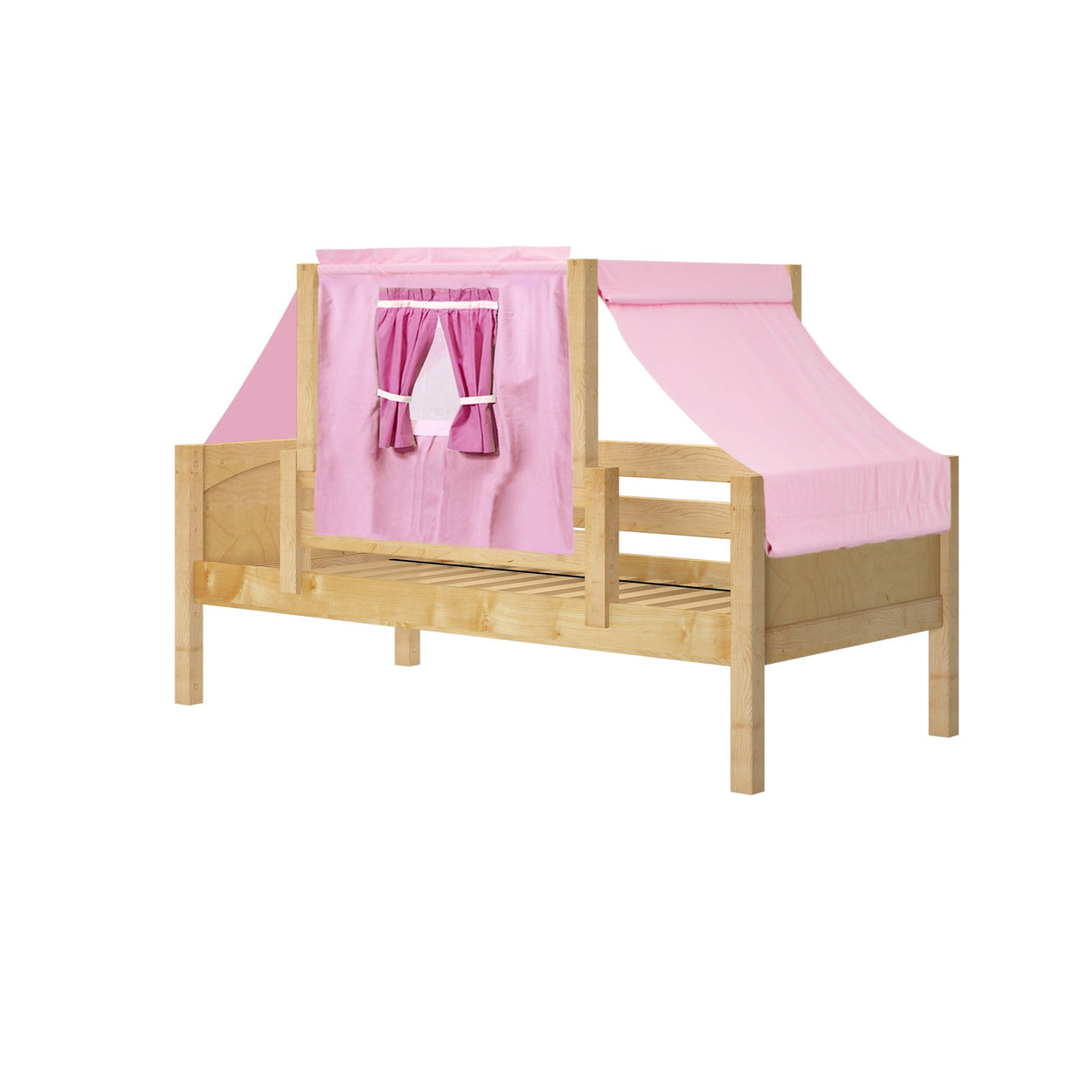 Wooden children's bed with pink tent canopy and curtains, ideal for playful bedroom decor.