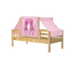Wooden children's loft bed with pink fabric curtains and canopy.