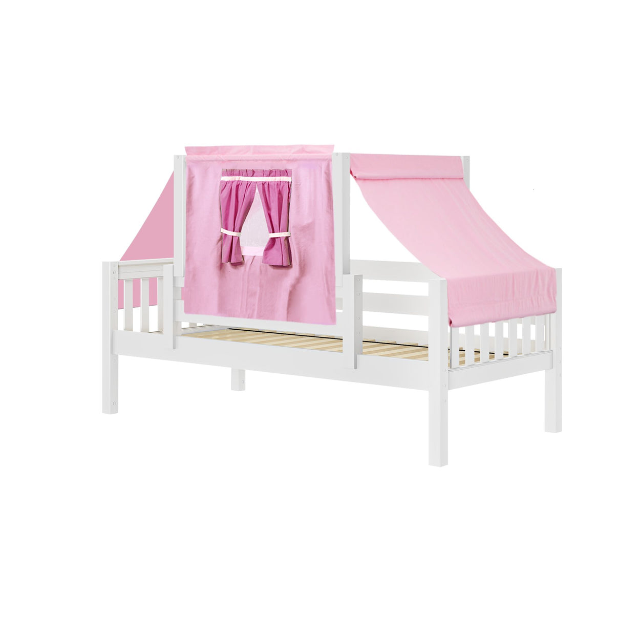 White wooden children's loft bed with pink tent canopy and playhouse curtain.