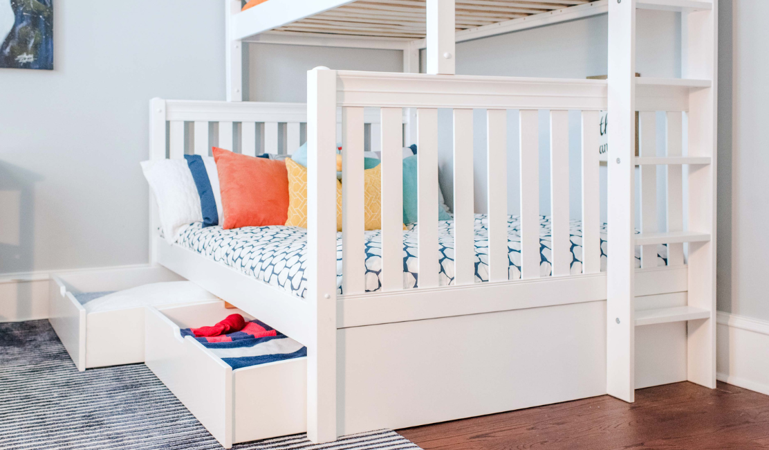 White twin XL over queen solid wood bunk bed with underbed storage drawers and ladder