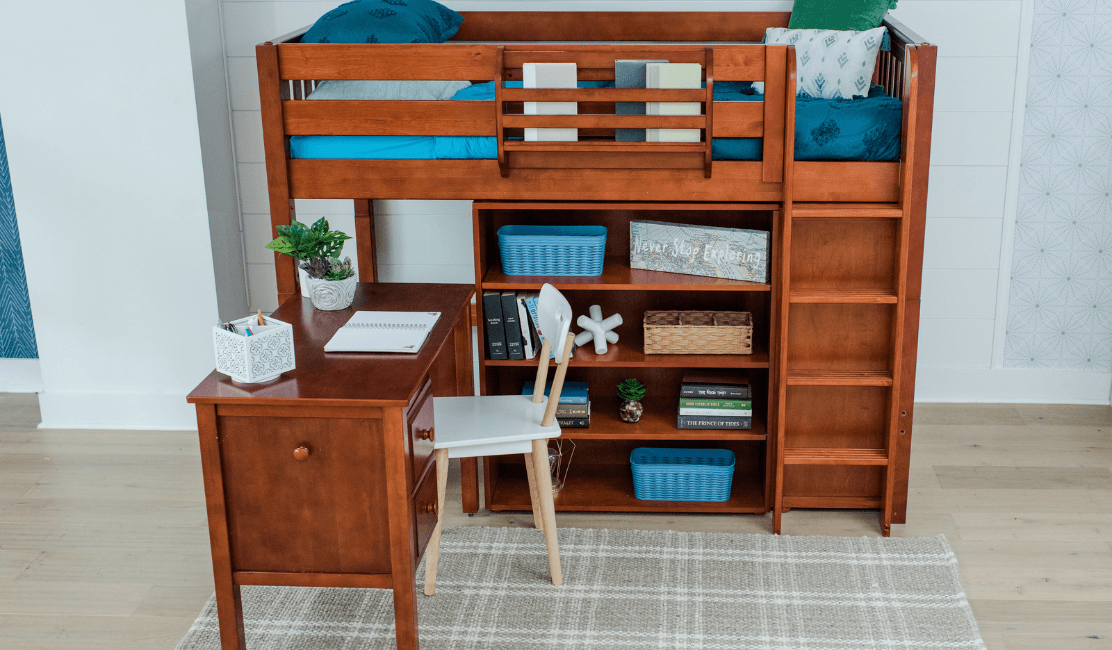 mid loft bed with desk dresser and bookcase