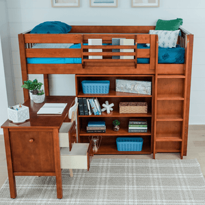 Wooden loft bed with built-in desk and storage shelves, featuring a cozy blue bedding set.