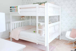 Queen over queen bunk bed in white with neutral color decor in girls room