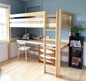 Solid hardwood loft bed with desk and straight ladder in natural