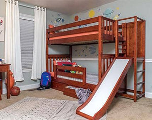 Twin over twin bunk bed with slide in brown chestnut in kids bedroom