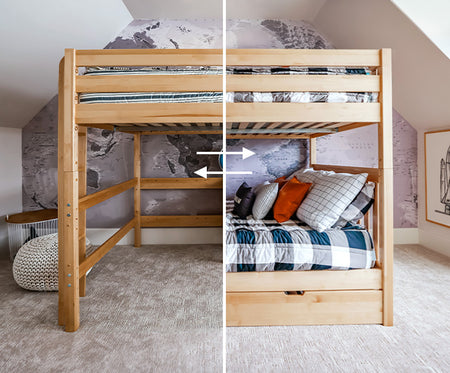 Visualization of a loft bed transitioning in to a bunk bed. There is a white line in the middle half of the image with a loft bed on the left, and then a bunk bed on the right. Two arrows indicate that the transformation between the two can happen either way.