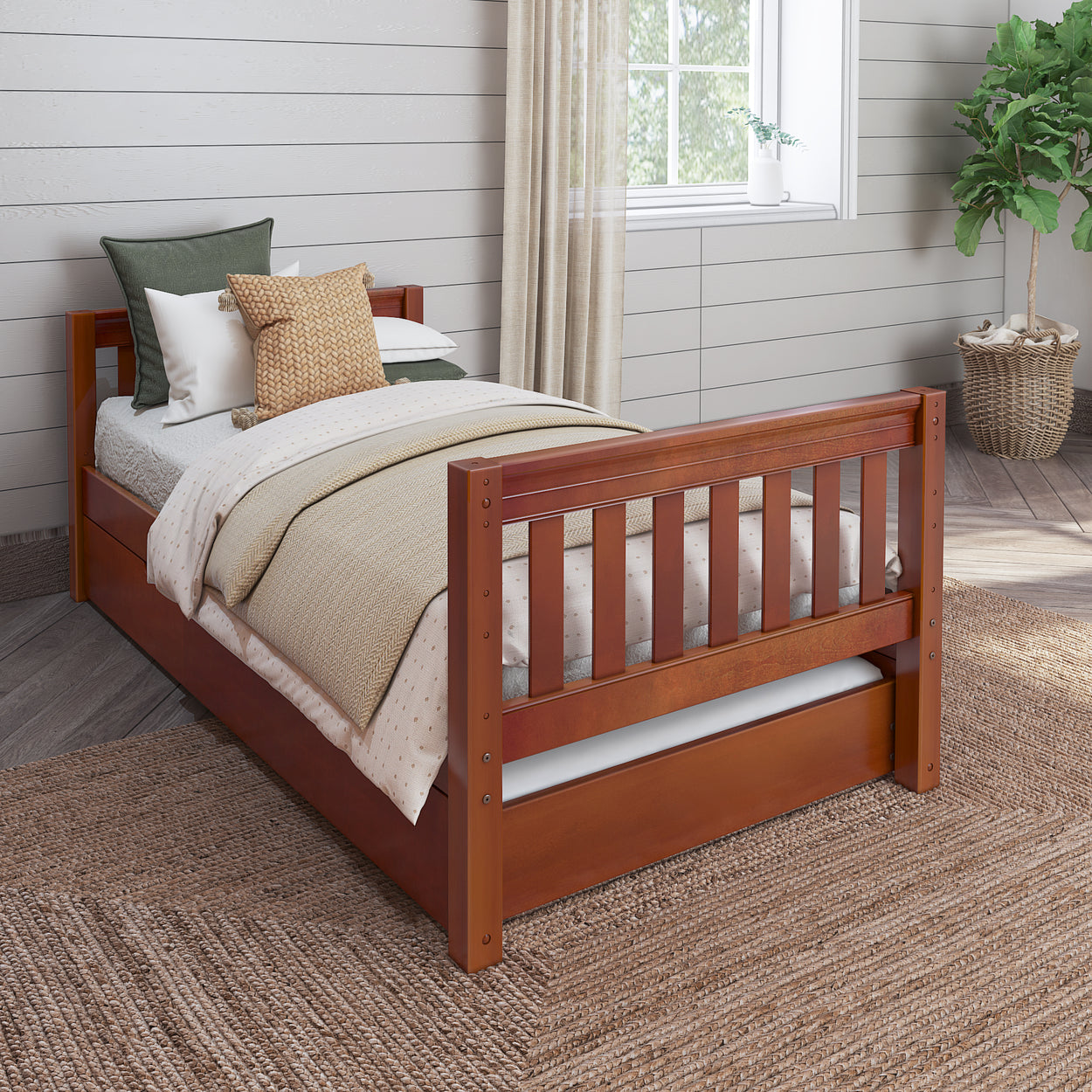 Wooden twin bed with cozy bedding in modern bedroom interior.