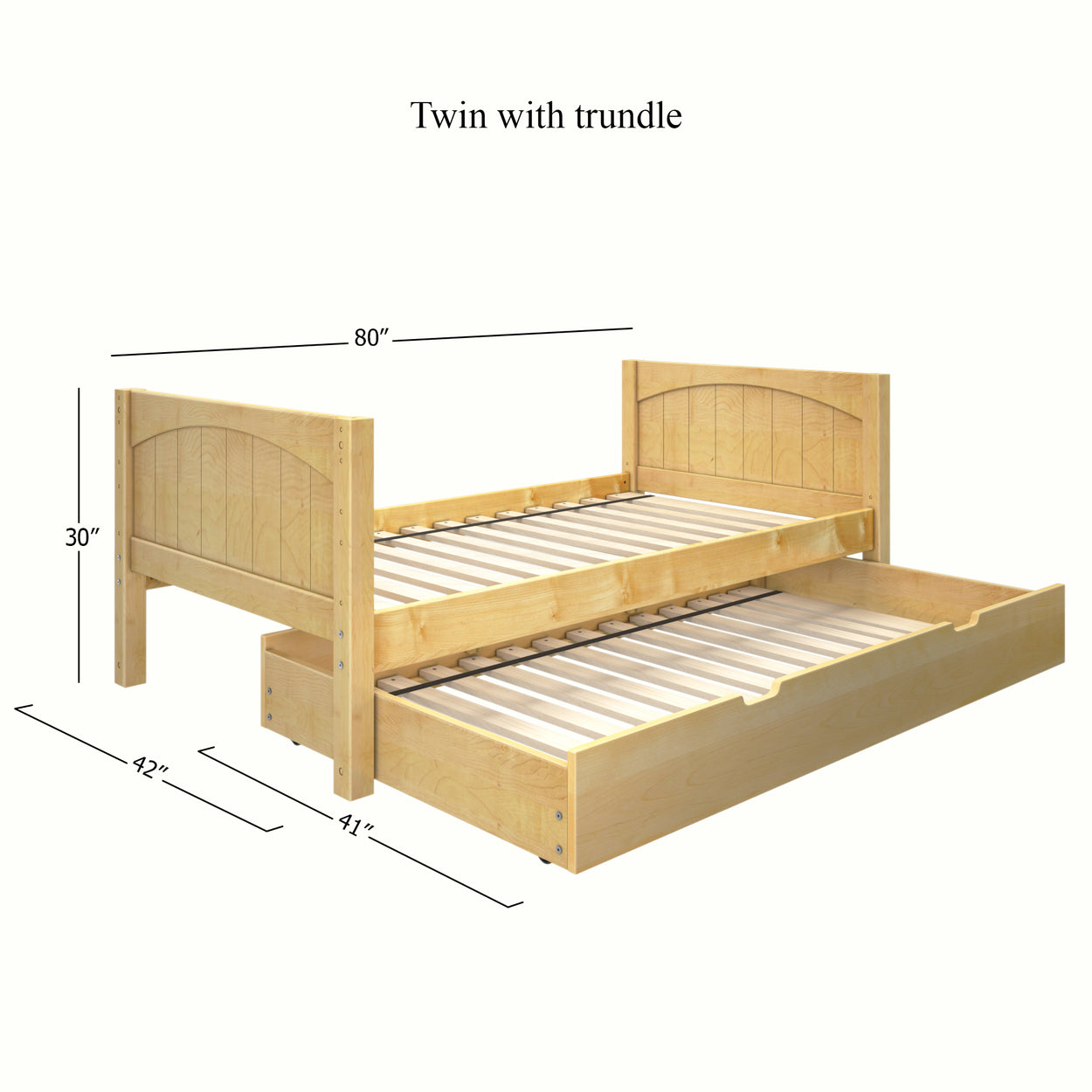 Wooden twin bed with trundle, detailed measurements included, ideal for maximizing bedroom space.