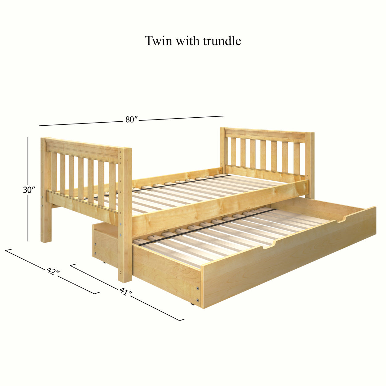Wooden twin bed with trundle and dimensions for small spaces.
