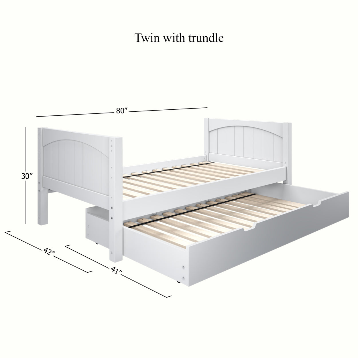 Twin bed with pull-out trundle dimensions 80x42x30 inches, perfect for space-saving in small bedrooms.