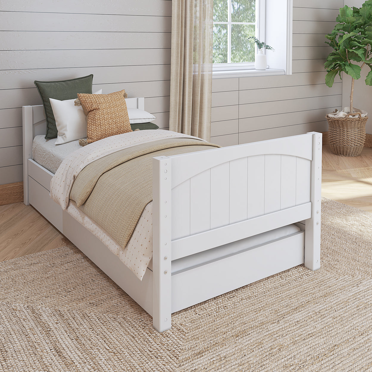 White twin bed with cozy bedding in a modern, light-filled bedroom featuring neutral tones and natural textures.
