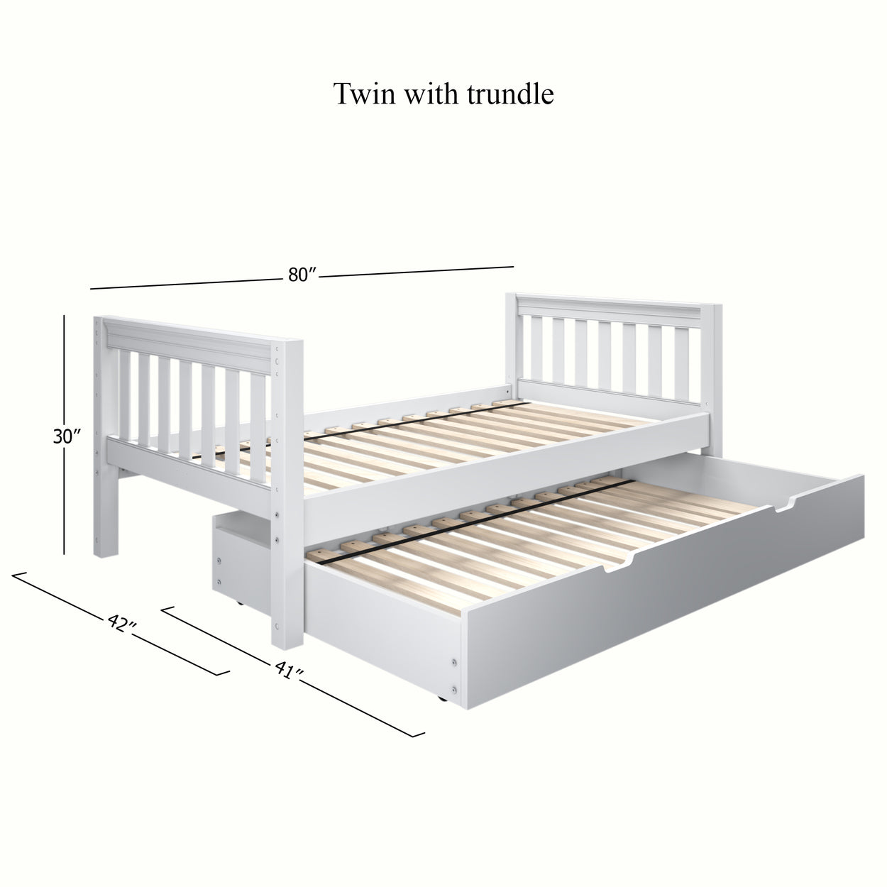 Twin bed with trundle featuring dimensions 80" x 42" x 30" in white finish.