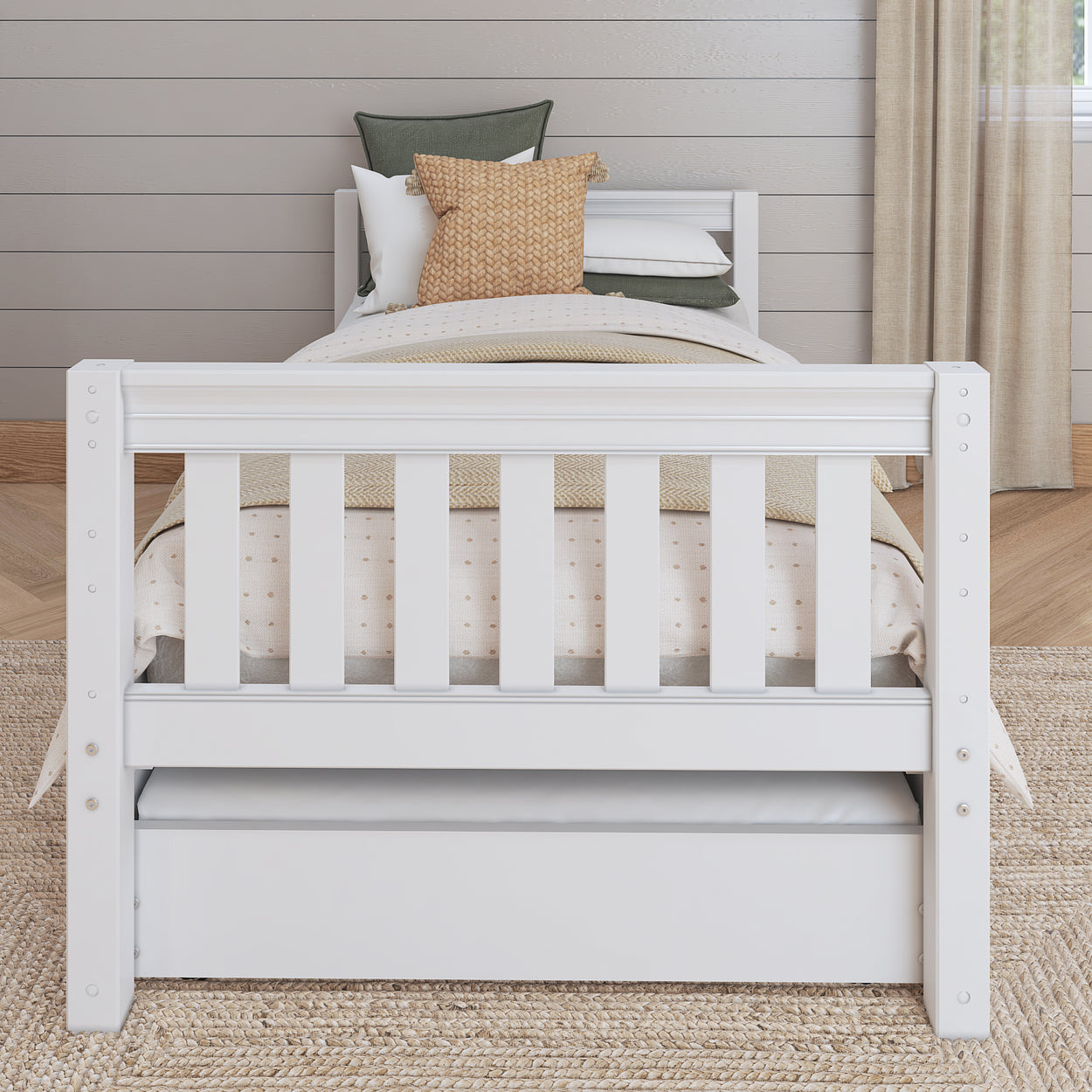 White wooden bed with storage drawers and cushion accents in a stylish bedroom.