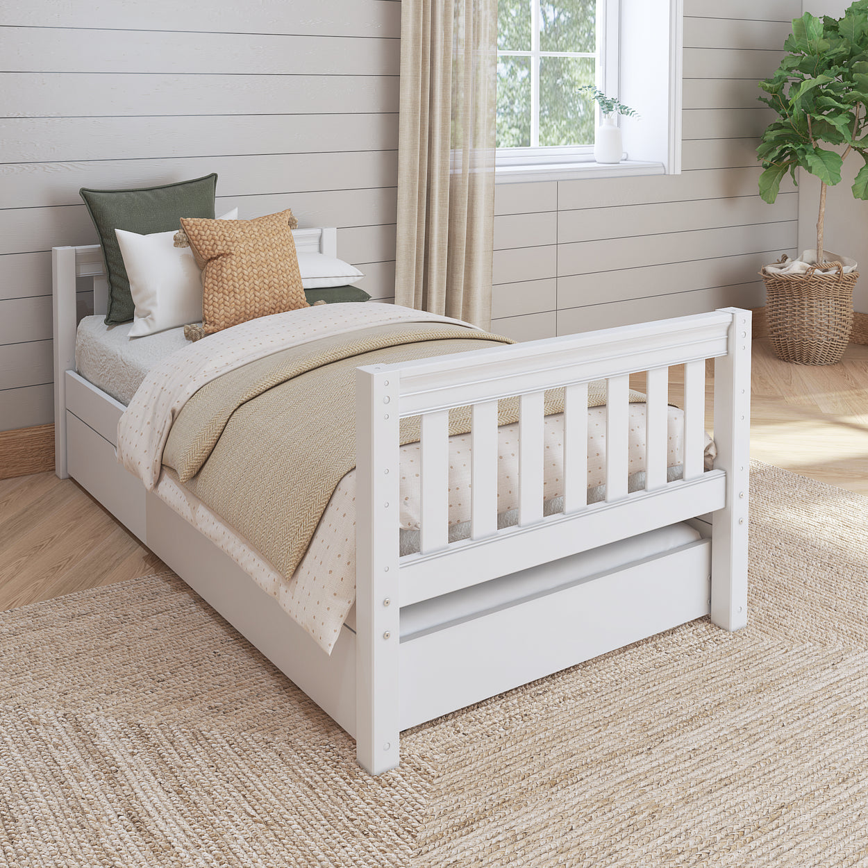 Stylish white wooden single bed with cozy bedding near window in modern bedroom.