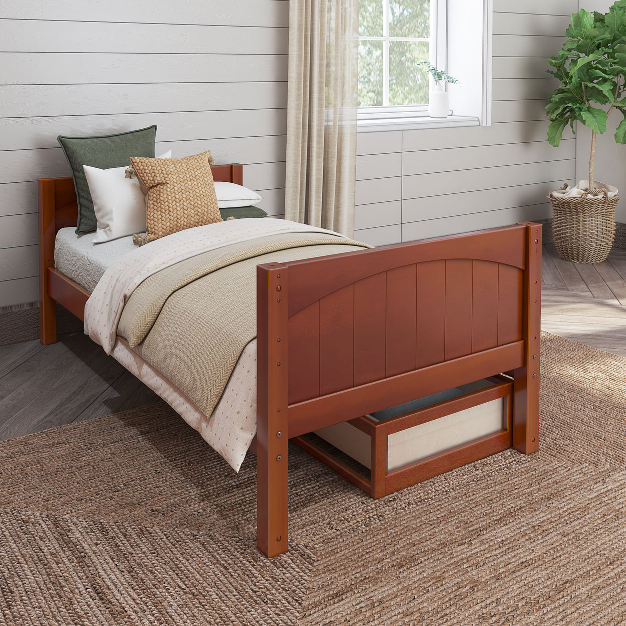 Elegant wooden twin bed with cozy bedding in a modern bedroom setting.