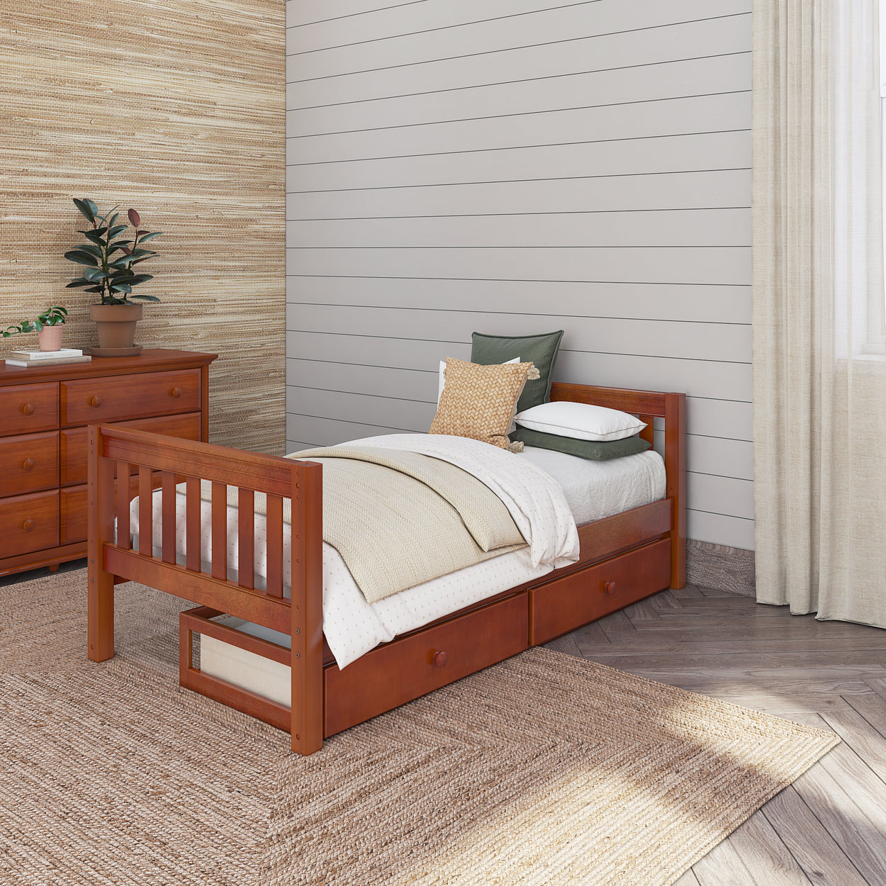 Cozy bedroom with a wooden twin bed featuring under-bed storage, adjacent to a matching wooden dresser.