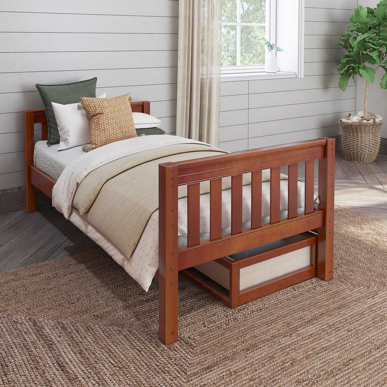 Single wooden bed with neutral bedding and cozy pillow cushions in a modern bedroom setting.