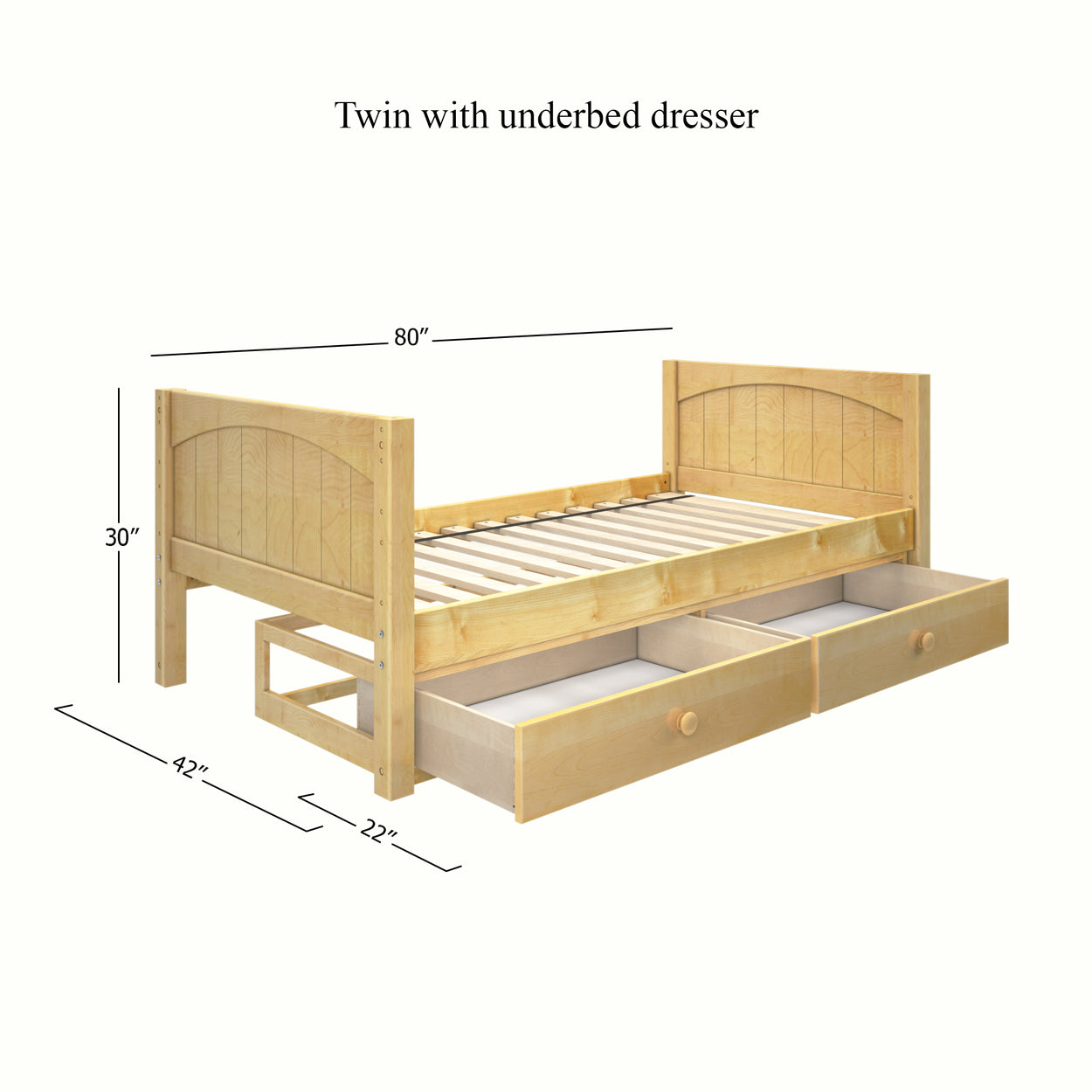 Twin bed with underbed storage drawers, wooden frame, dimensions 80x30x42 inches, space-saving bedroom furniture.