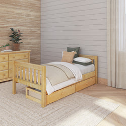 Eco-friendly wooden bed in modern minimalist bedroom with earthy tones and cozy decor.
