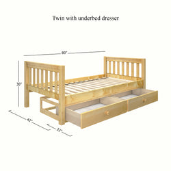 Twin bed with underbed dresser and dimensions, featuring natural wood finish.