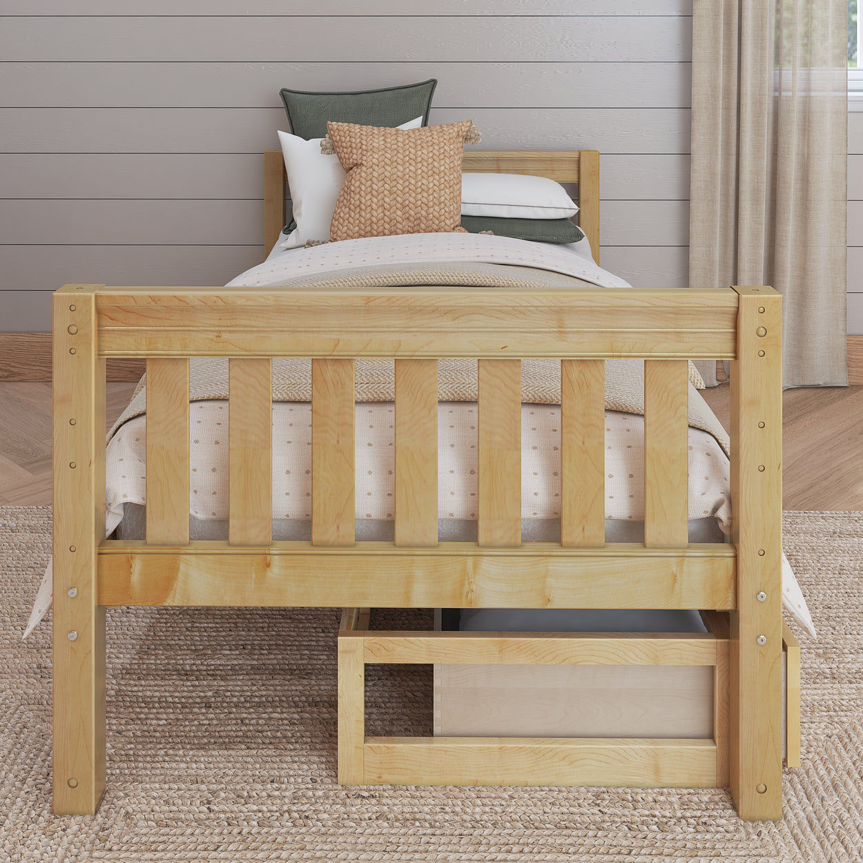 Wooden bed frame with under-bed storage in a cozy, modern bedroom setting.