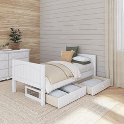 Single white wooden bed with storage drawers in a cozy bedroom setting.