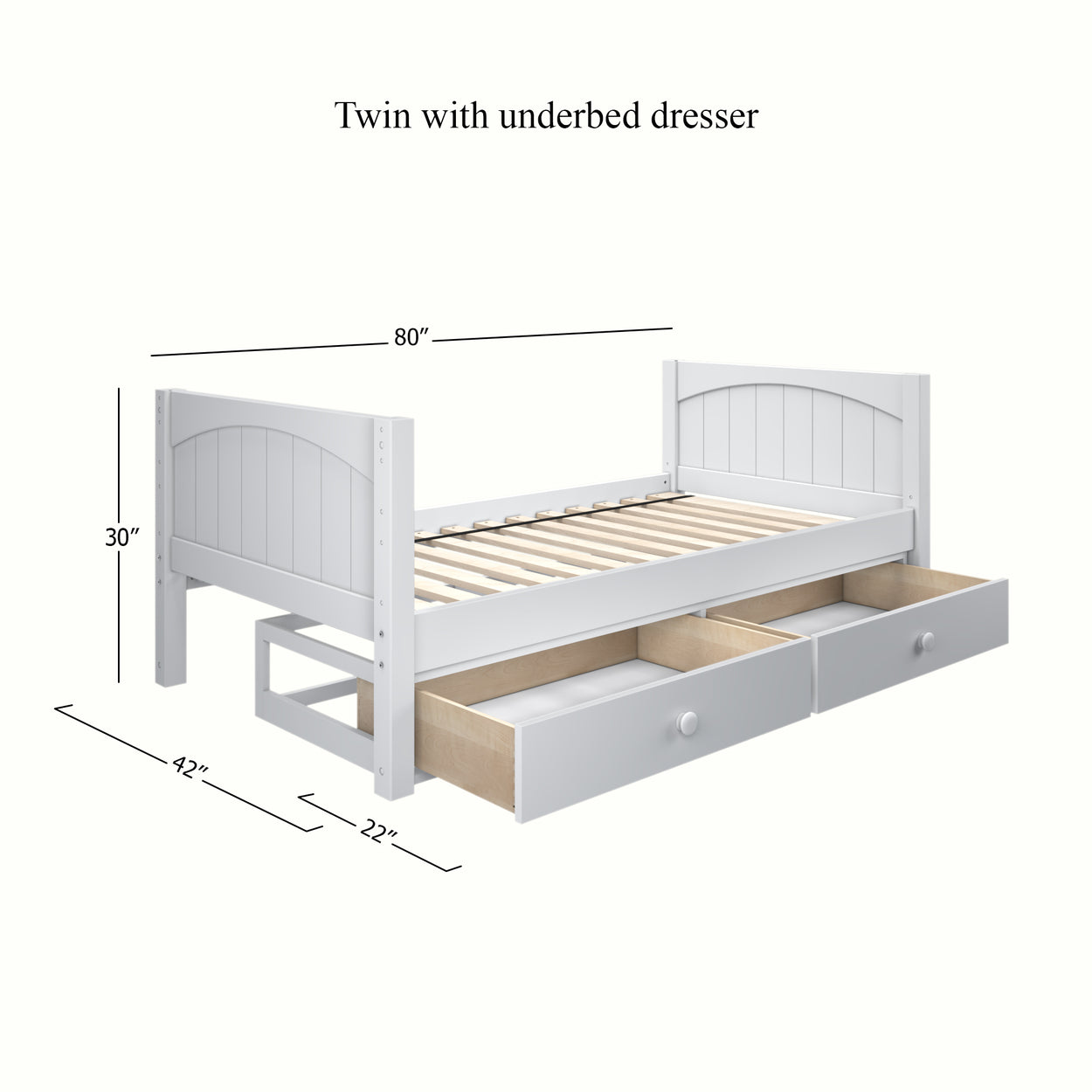Twin bed with underbed dresser and dimensions 80x30 inches, featuring pull-out storage drawers for space-saving solutions in children's bedroom furniture.