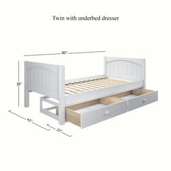Twin bed with underbed dresser and dimensions 80x30 inches, featuring pull-out storage drawers for space-saving solutions in children's bedroom furniture.