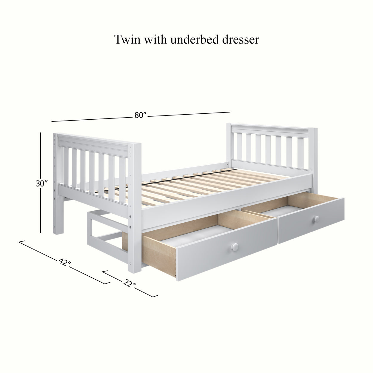 Wooden twin bed with underbed drawers and dimensions for space-saving bedroom furniture solutions