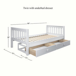 Wooden twin bed with underbed drawers and dimensions for space-saving bedroom furniture solutions