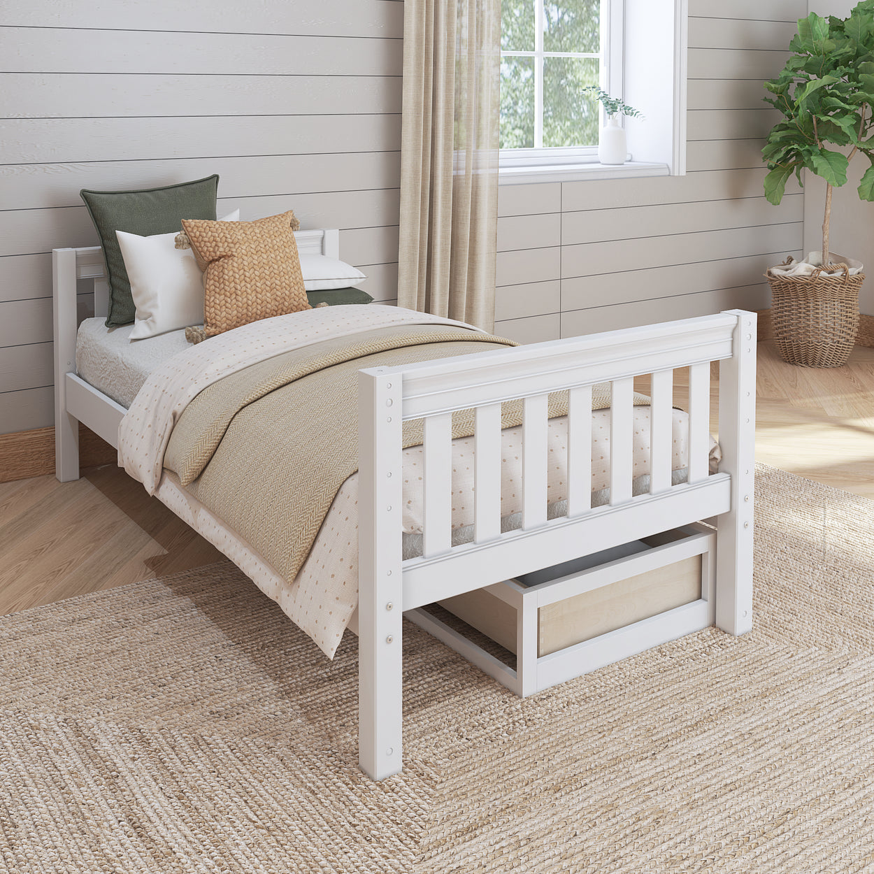 White wooden bed with throw pillows and beige bedding in a cozy, modern bedroom setting.