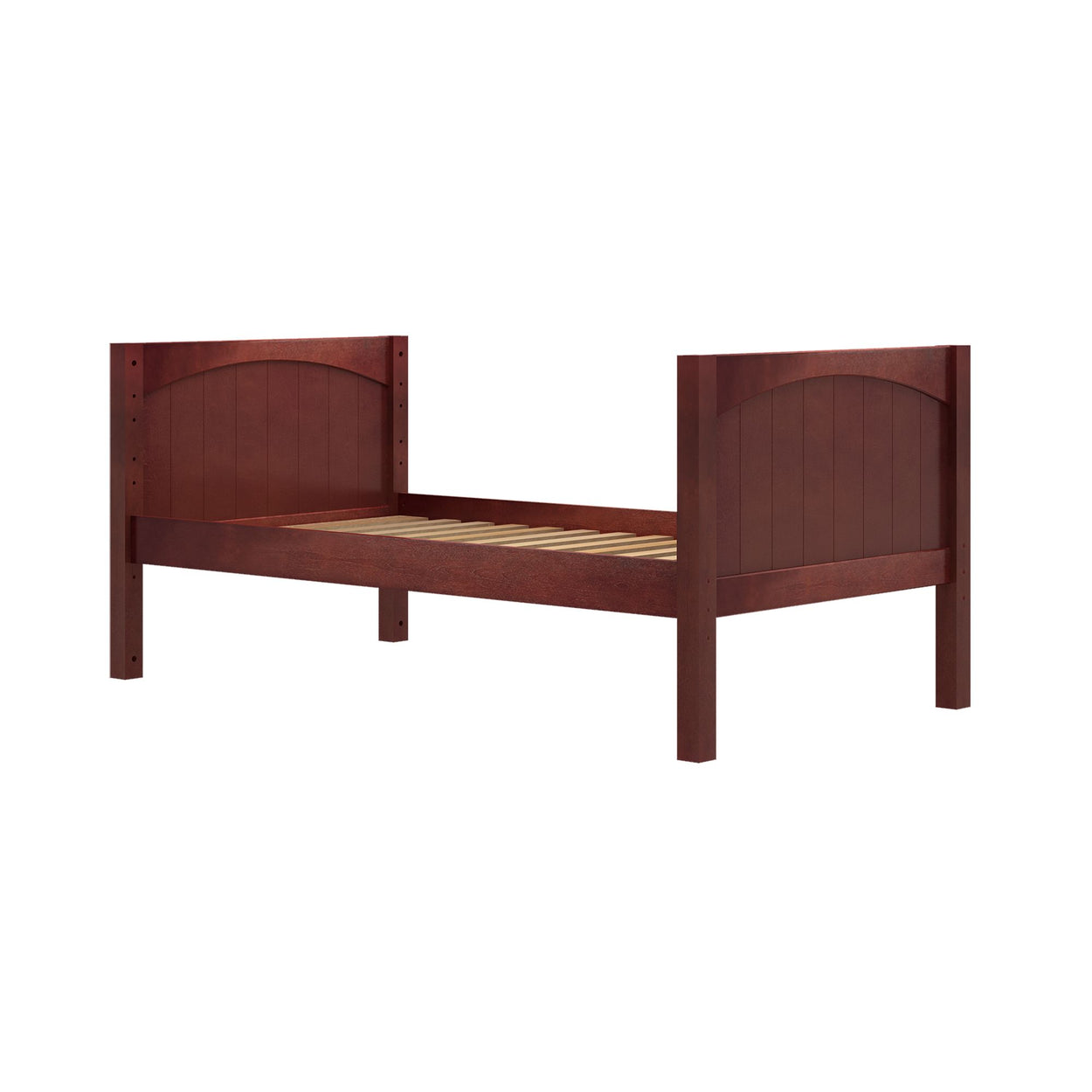 Rustic wooden bed frame with slatted support in brown finish.