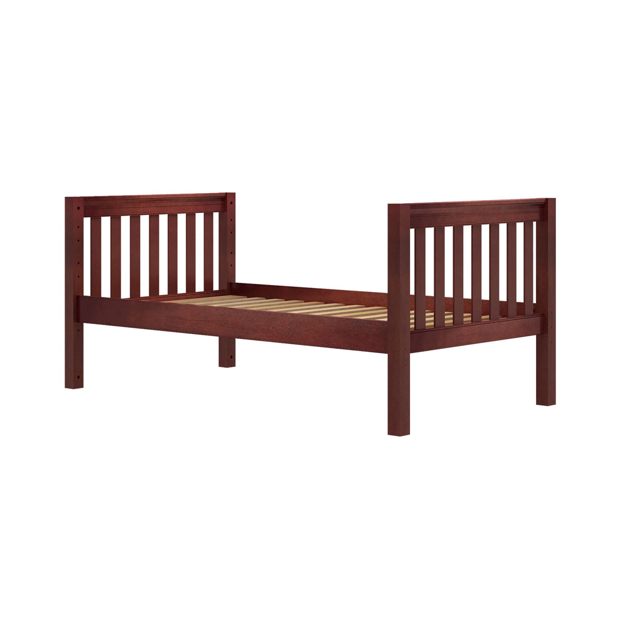Mahogany wooden bed frame with sturdy slats and headboard.