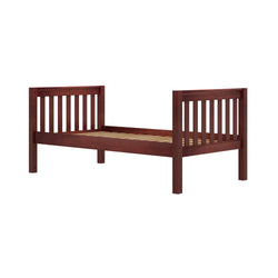Mahogany wooden bed frame with sturdy slats and headboard.