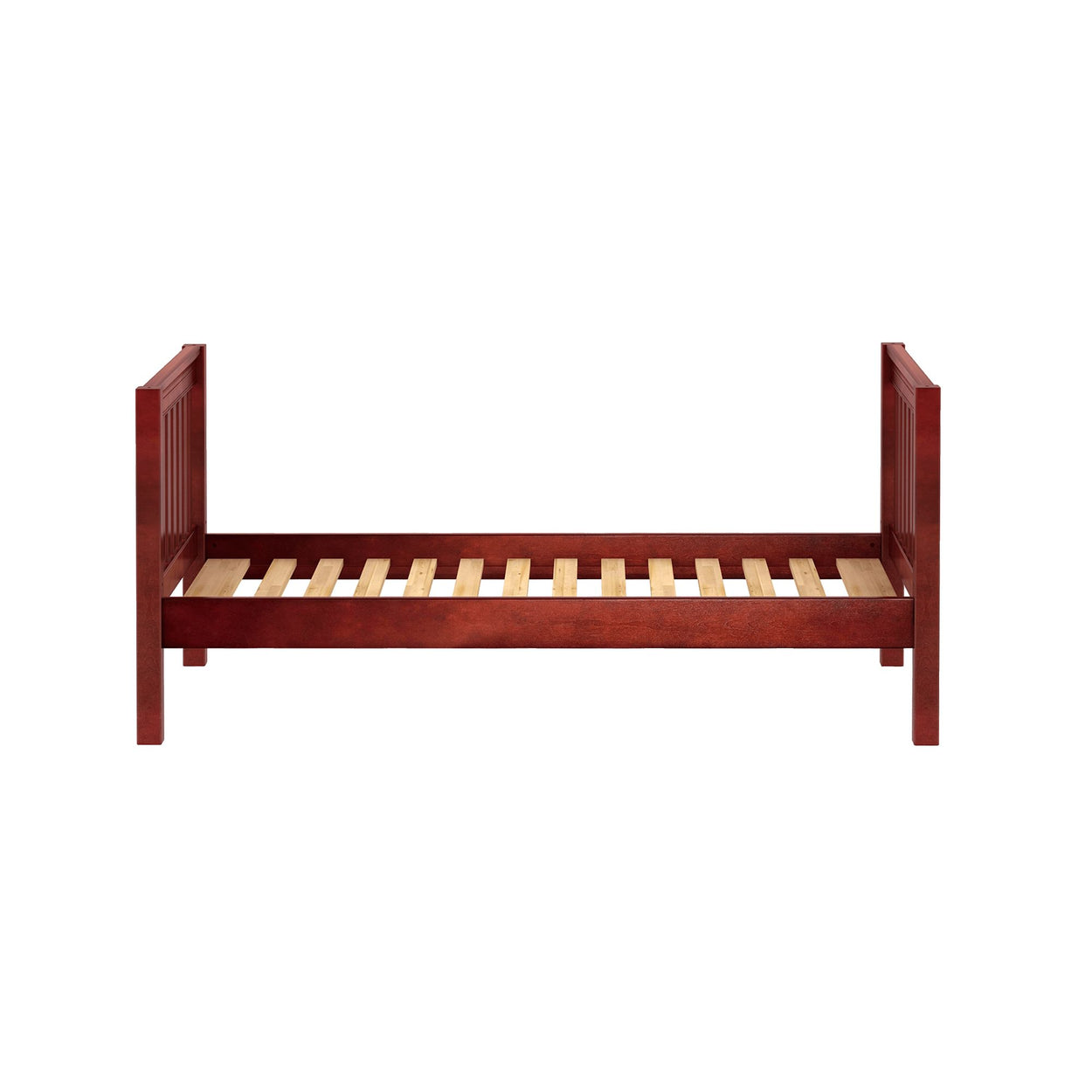 Wooden slatted bed frame with elegant headboard and footboard design.