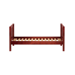 Wooden slatted bed frame with elegant headboard and footboard design.