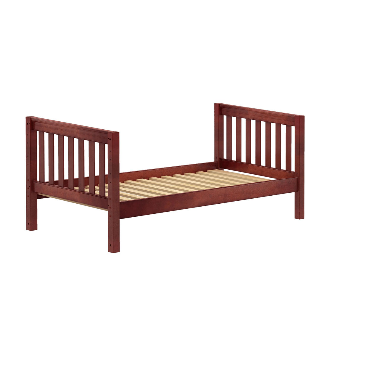 Wooden twin bed frame with slatted headboard and footboard in brown finish.