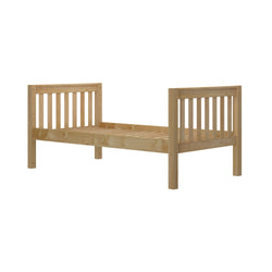 Wooden single bed frame with slatted headboard and footboard on a white background.