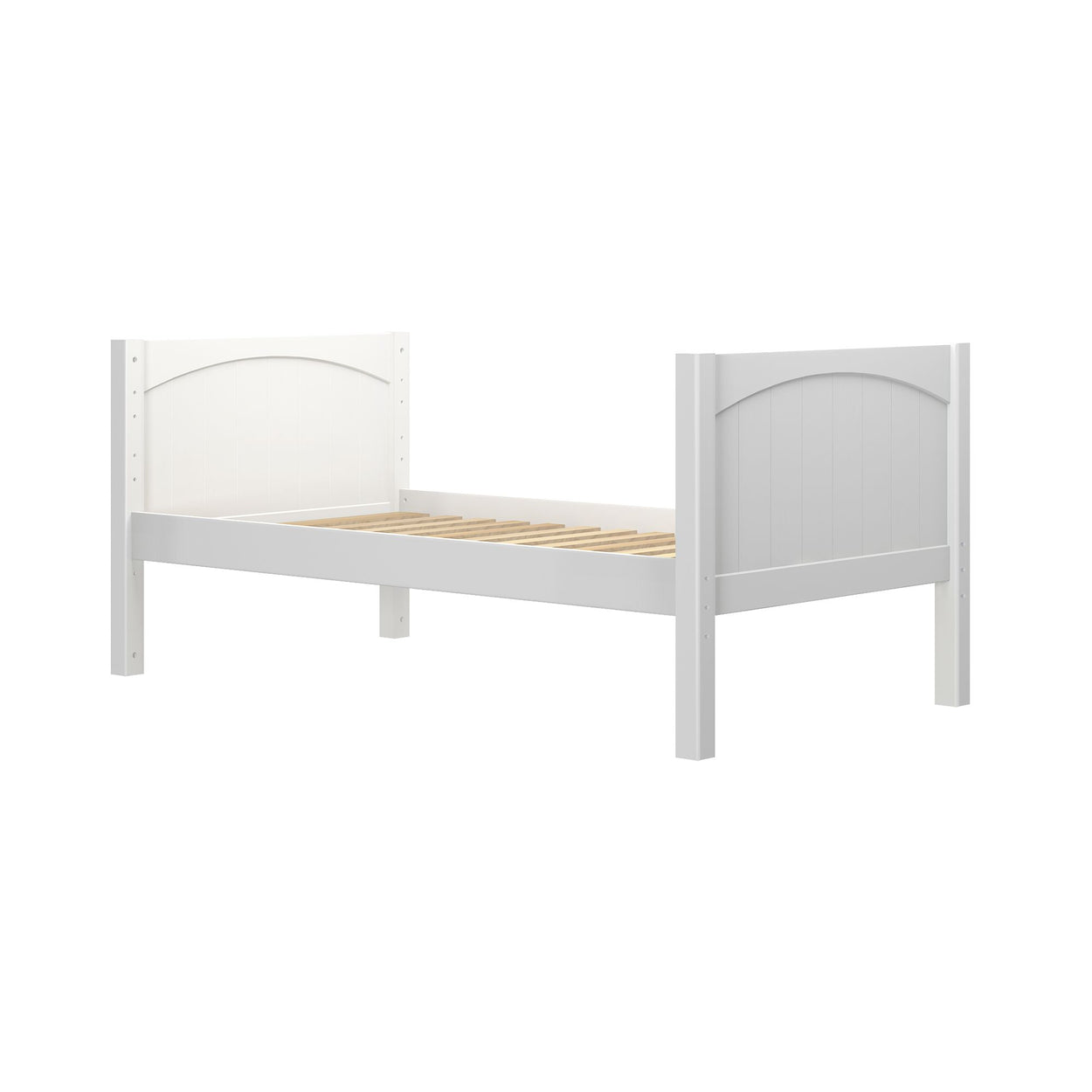 White wooden bed frame with headboard and footboard designed for kids' bedrooms.