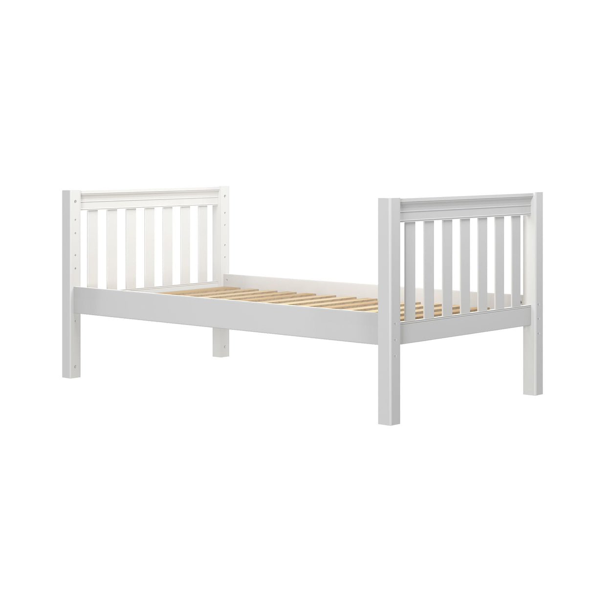 White wooden bed frame with slatted headboard and footboard against white background.