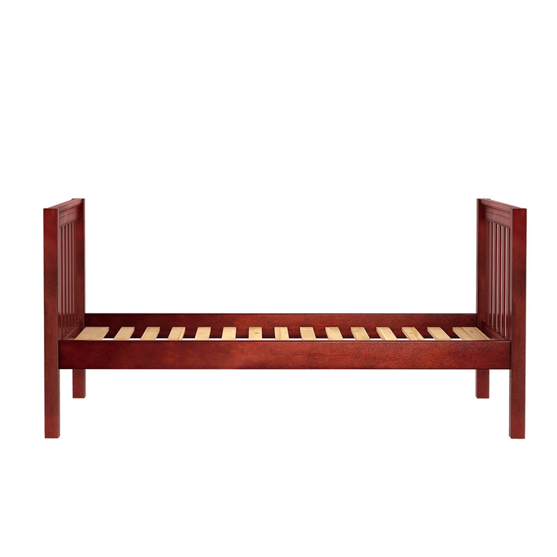 Cherry finish wooden bed frame with slatted platform, vertical paneled headboard and footboard shown without mattress