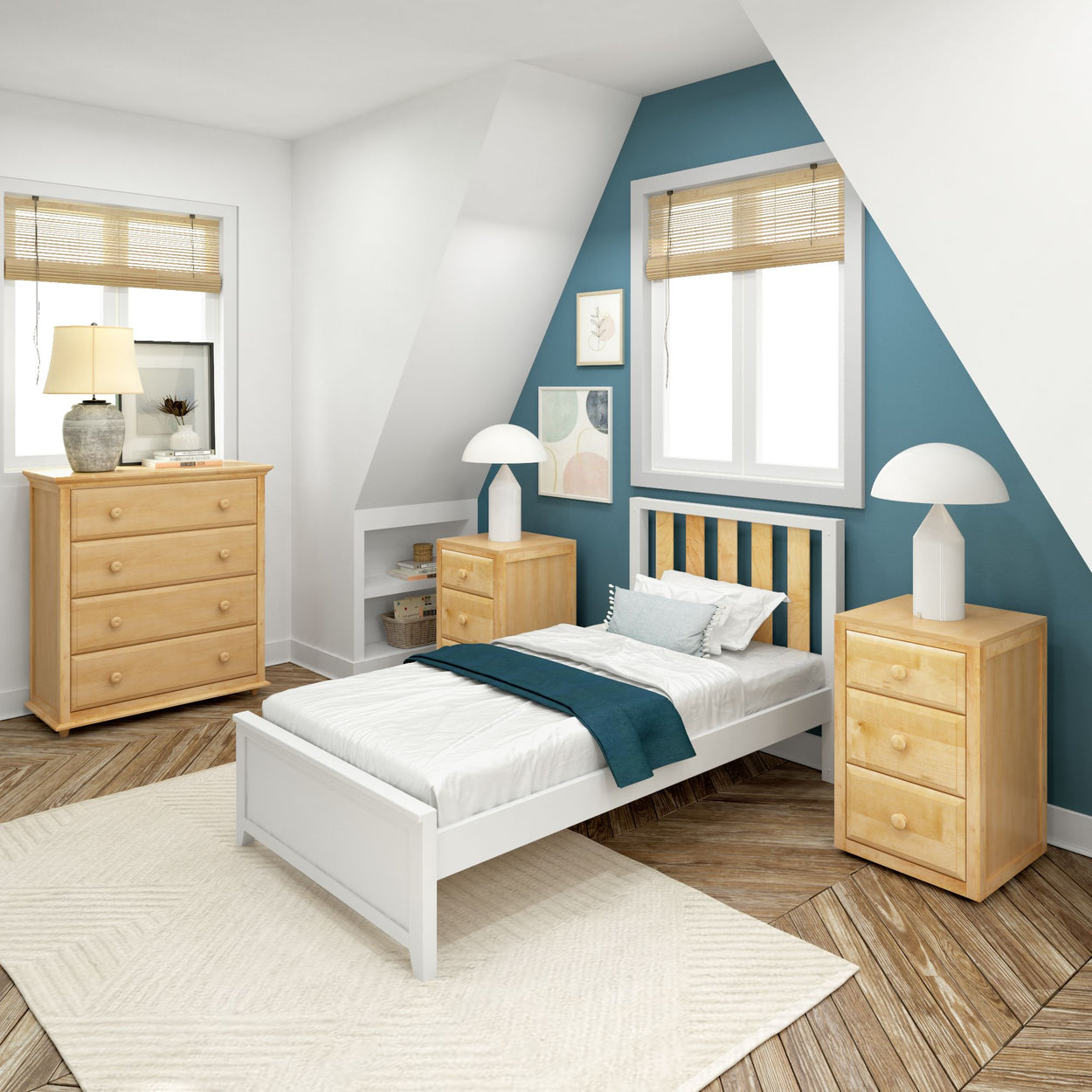 Cozy minimalist bedroom with wooden furniture, white bed, blue accent wall, and natural light.
