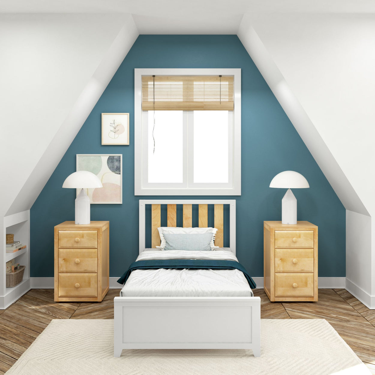 Modern attic bedroom with teal accent wall, wooden bed and furniture, and cozy lighting.